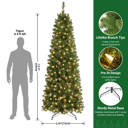 SHareconn 7.5ft Prelit Artificial Hinged Slim Pencil Christmas Tree with Warm White Lights, Full Branch Tips, Perfect Choice Decoration for Xmas Holiday, 7.5 FT, Green