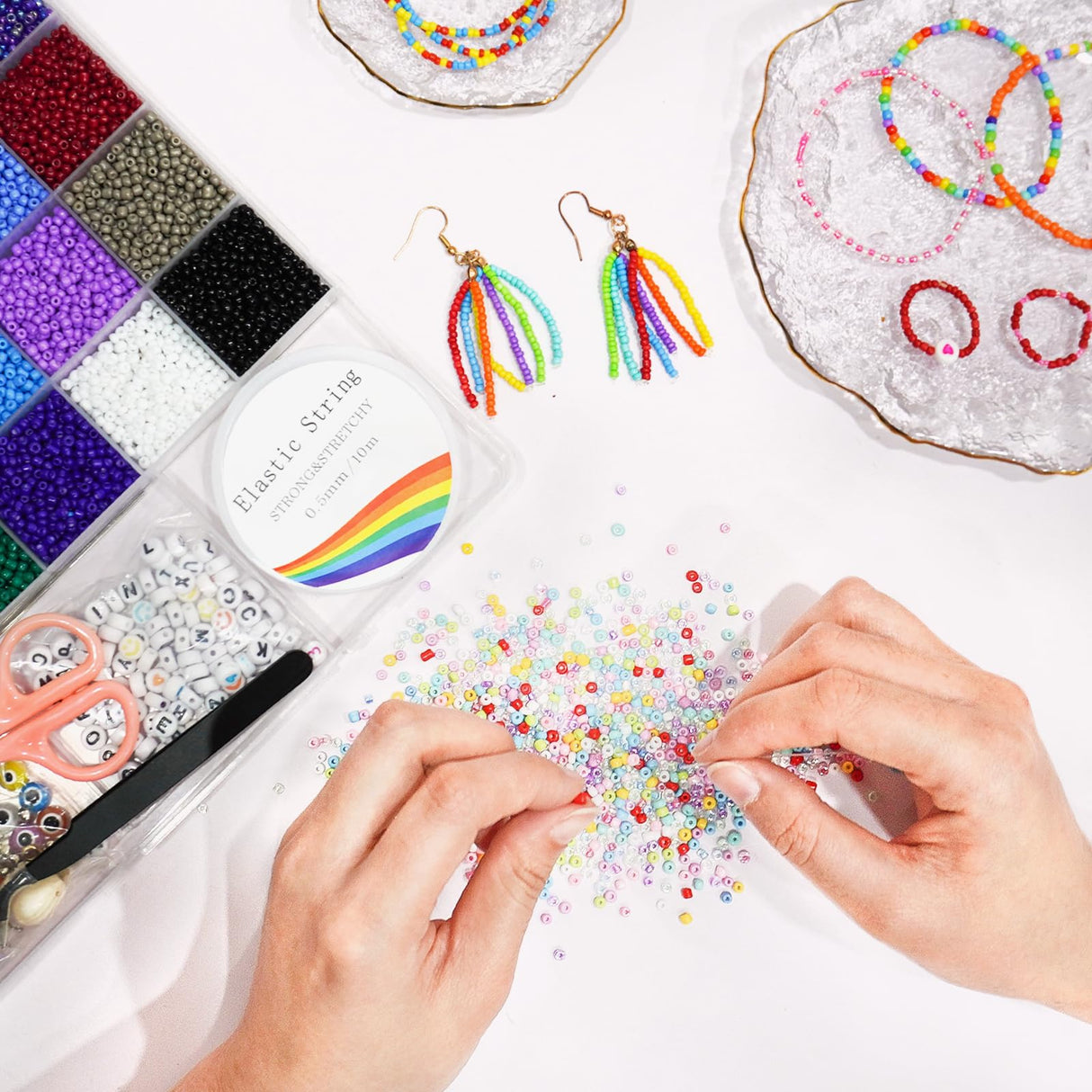 Redtwo 8000pcs 3mm Glass Seed Beads for Bracelet Making Kit, Small Beads Friendship Jewelry Making Kit, Tiny Waist Beads with Letter Beads and Elastic String, DIY Art Craft Girls Gifts. Redtwo