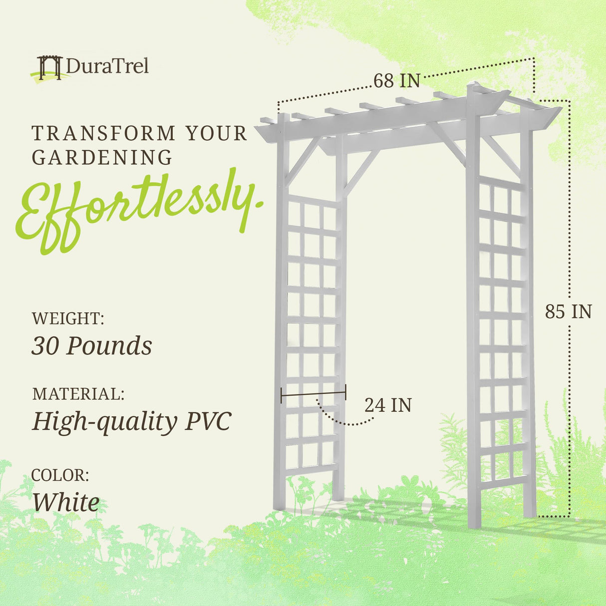 Dura-Trel Providence Arbor, 64 by 85 Inch PVC Patio Garden Arch, Outdoor Lattice Frame Decoration or Trellis for Climbing Plants, White DuraTrel