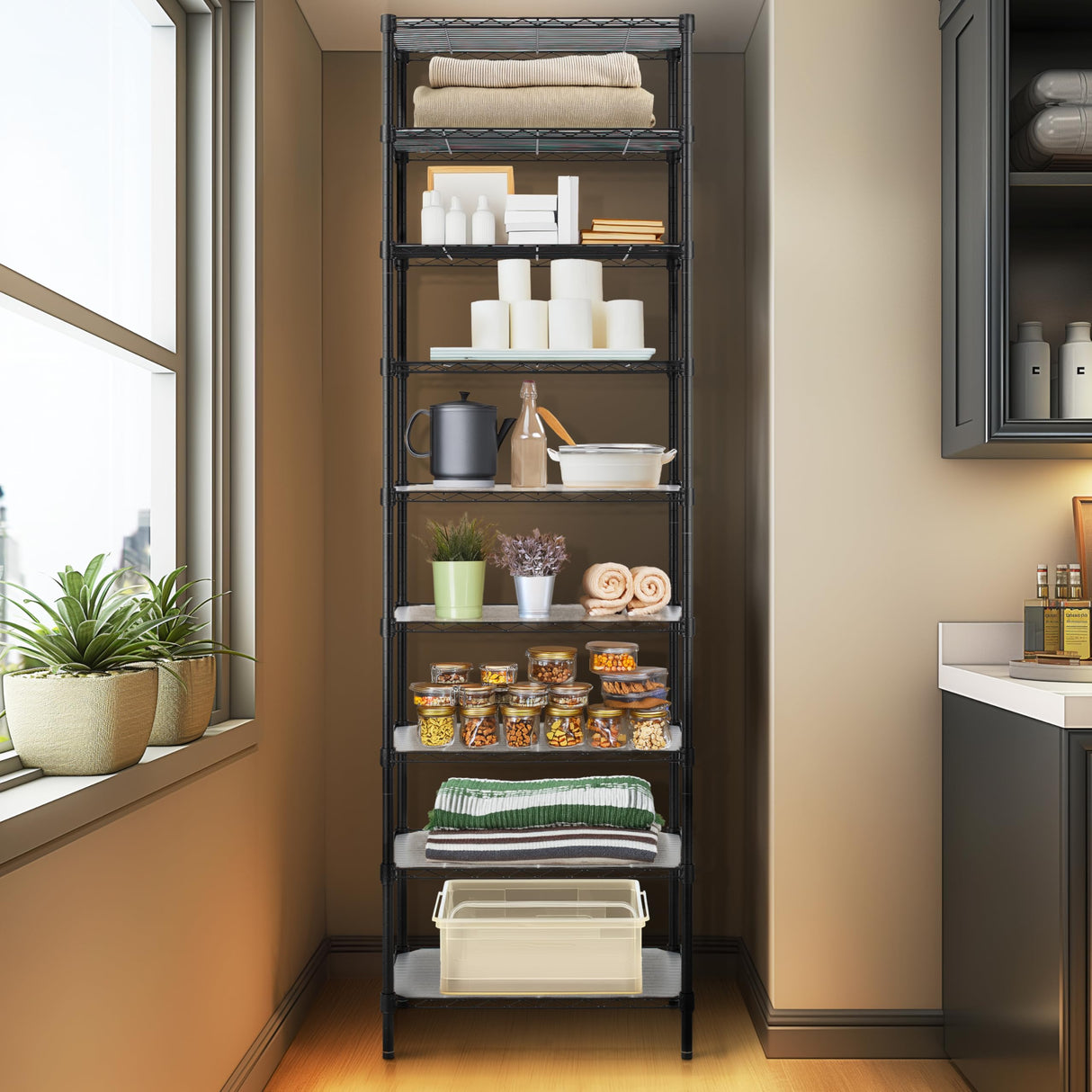 Finnhomy 9-Tier Wire Shelving Unit Adjustable Steel Wire Rack Shelving, 81 Inches Height 9 Shelves Metal Storage Rack, Pantry Shelves for Storage with PE mat, NSF Certified, Black Finnhomy