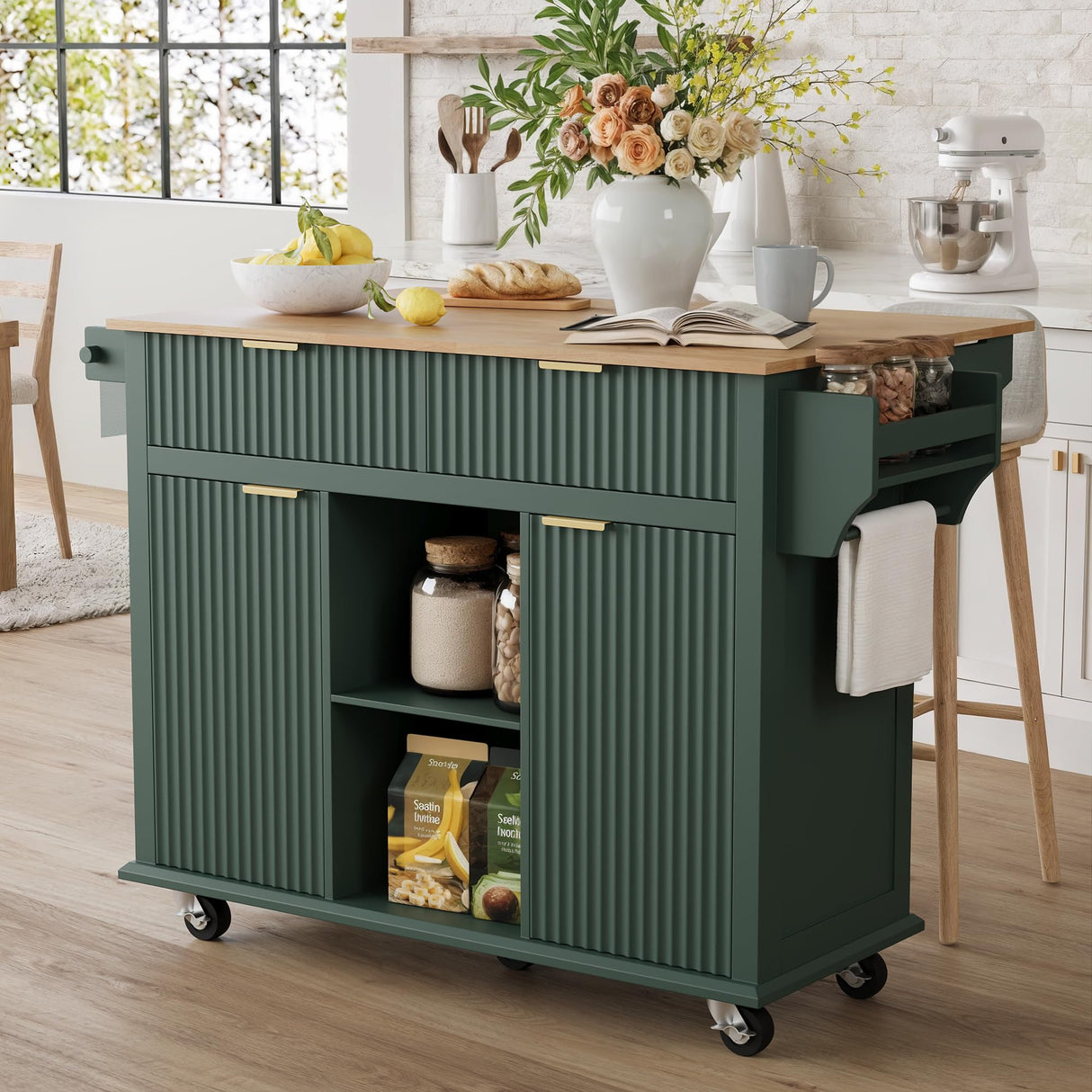win2win Rolling Kitchen Island with Storage, Portable Kitchen Island with Drop Leaf Breakfast Bar, Modern Farmhouse Kitchens Cart on Wheels with Fluted Design, Towel Rack, Spice Rack, Green win2win