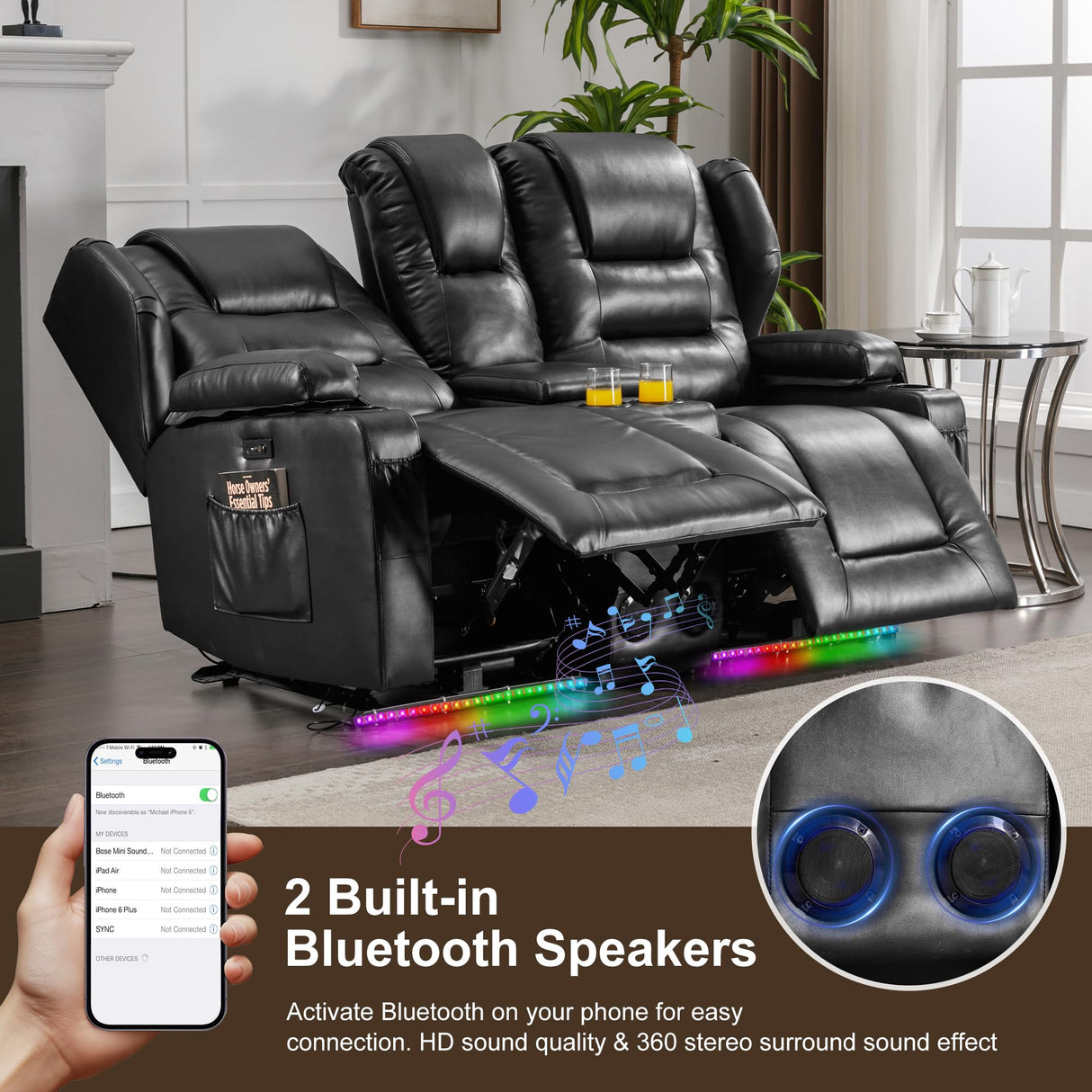 DRMBOOK RV Power Loveseat Recliner Sofa, Faux Leather Double Wall Hugger Reclining Sofa with Console, Home Theater Seating Chair with Cup Holders, 2 Person Couch RV Furniture for Living Room, Black DRMBOOK