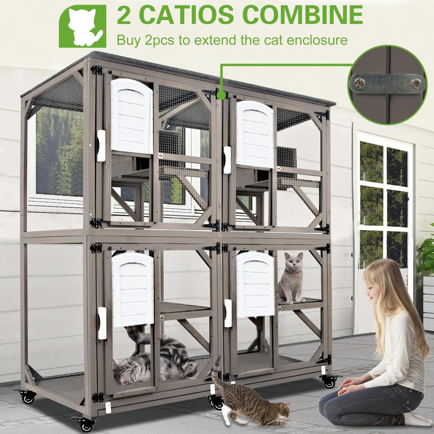 PetsCosset 71" Cat House Outdoor, Large Catio for Cats Indoor Outdoor Enclosure on Wheels, Outside Cat Home Enclosure with Removing Tray Weatherproof Window Catio for Cats-71 H