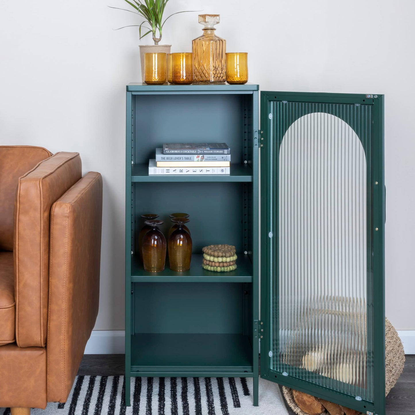 Creative Co-Op Solstice Metal Cabinet with Arched Glass Door, Dark Green - WoodArtSupply