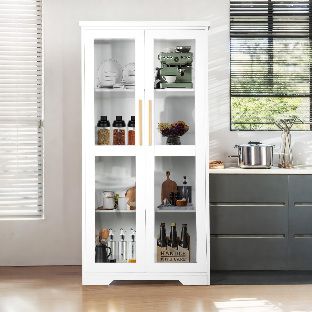 jamege 67” Tall China Storage Cabinet with Tempered Glass Doors, Curio Display Cabinet, Bookshelves, Bookcase with Adjustable Shelves, for Living Room, Kitchen, Dining Room, Pantry, Home, Office jamege