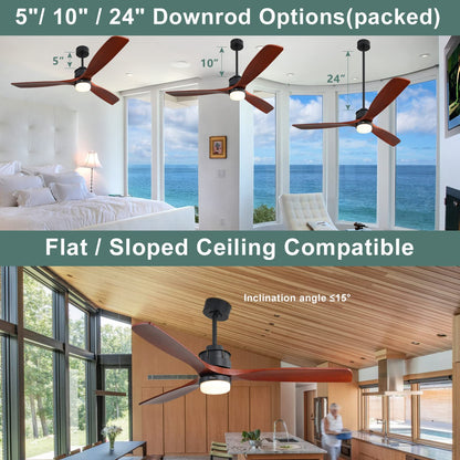 Sofucor 60" Delta-Wing Modern Outdoor Ceiling Fan, with Light LED Remote Solid Wood Oil Rubbed Bronze, for Living Room Kitchen Bedroom Family Dining Noiseless