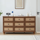 ORRD 9 Drawer Dresser for Bedroom, Mid Century Modern Wide Wood Rustic Chest of Drawers Wooden Storage Organizer Dressers with Burlap Rattan Drawers for Living Room, Hallway Closet, Entryway, Walnut ORRD