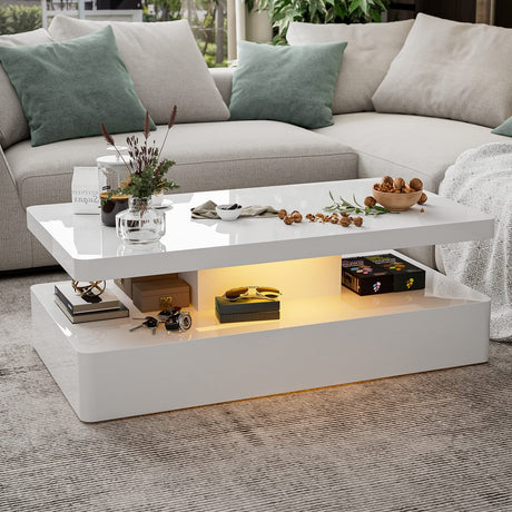 IKIFLY LED High Glossy Coffee Table, Modern Coffee Table for Living Room with 16 Colors LED Lights, 2 Tiers Rectangle Design, White IKIFLY