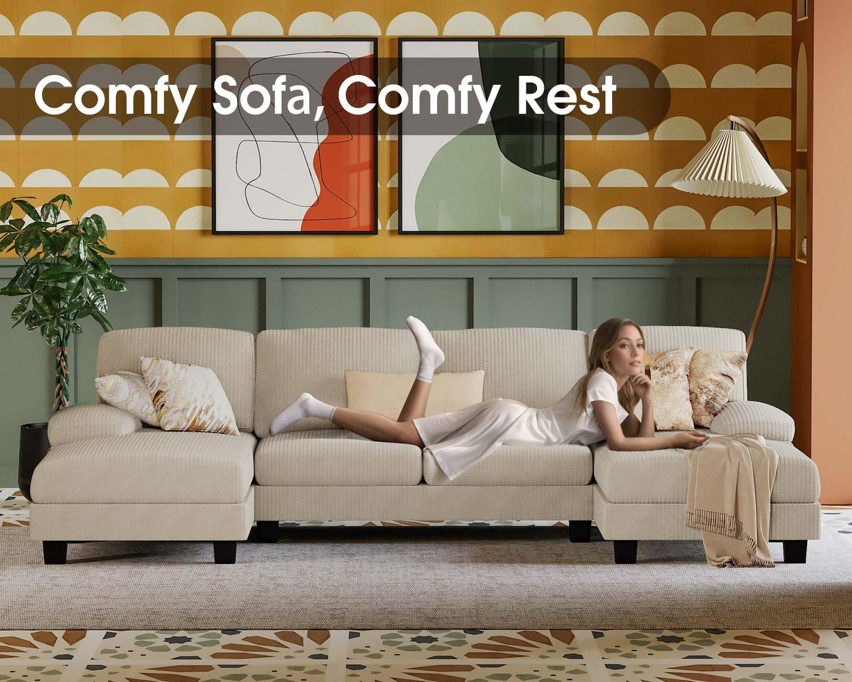 Furmax Sectional Couches for Living Room, U-Shaped Sofa Couch with Linen Fabric, 4 Seat Sofa Set with Double Chaise for Apartment (Corduroy, Beige) Furmax