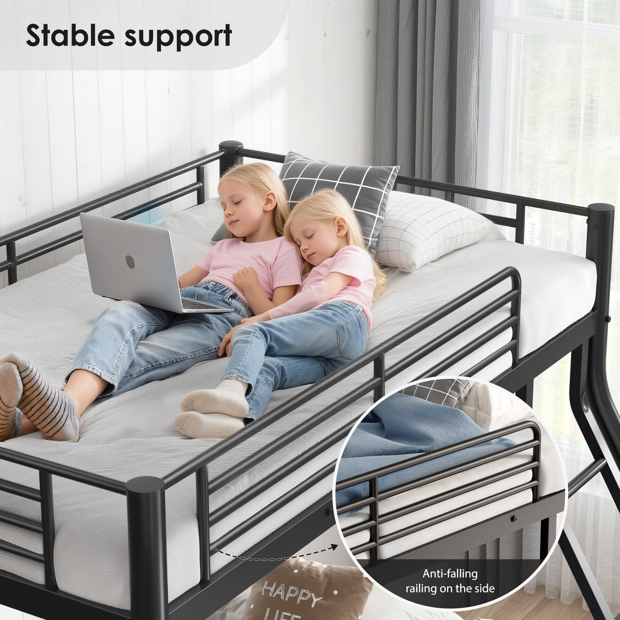 Twin Over Full Bunk Bed, Metal Bunk Beds Twin Over Full Size with Safety Ladder & Guardrail, Heavy Duty Bunkbed Frame for Adults Teens Dorm Bedroom Guest Room Apartment, Space-Saving (Black, Full) TBCOPTO