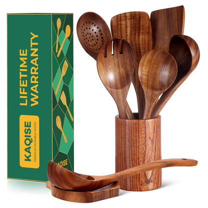 KAQISE Wooden Spoons for Cooking, Kitchen Essential Wooden Utensils Set, Teak Wood Cooking Utensils Set for Families（8 Pieces ）