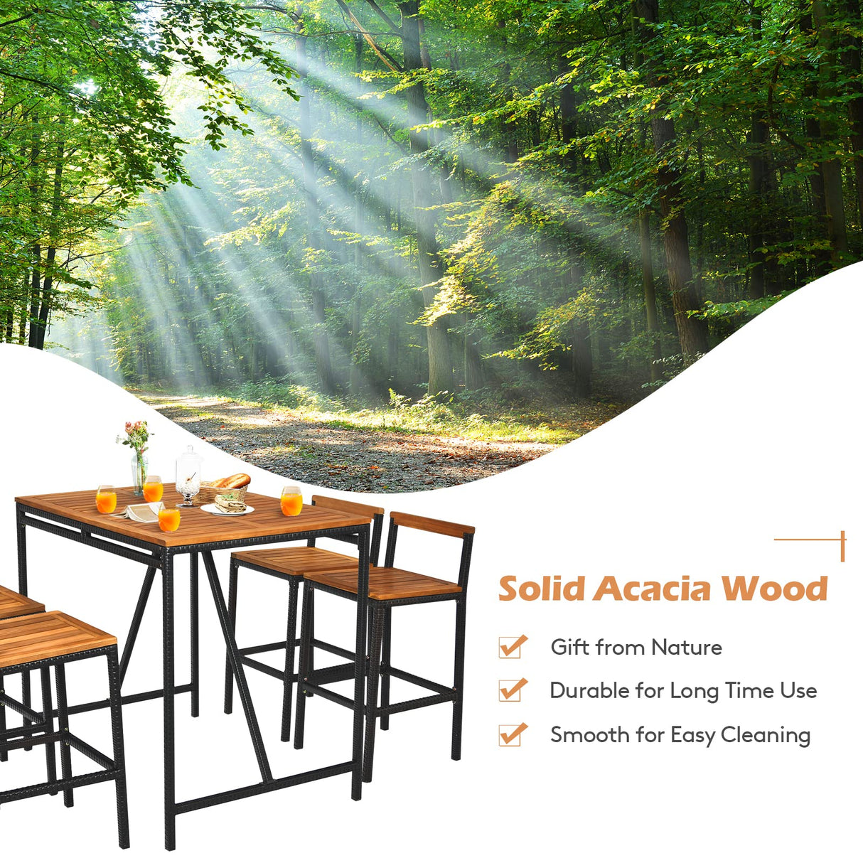 RELAX4LIFE 5-Piece Patio Bar Set, Acacia Wood Counter Height Bistro Dining Table w/Umbrella Hole, Wicker Rattan Bar Stools Set of 4 for Balcony Backyard Poolside, 5PCS Outdoor Bar Table and Chairs Set RELAX4LIFE