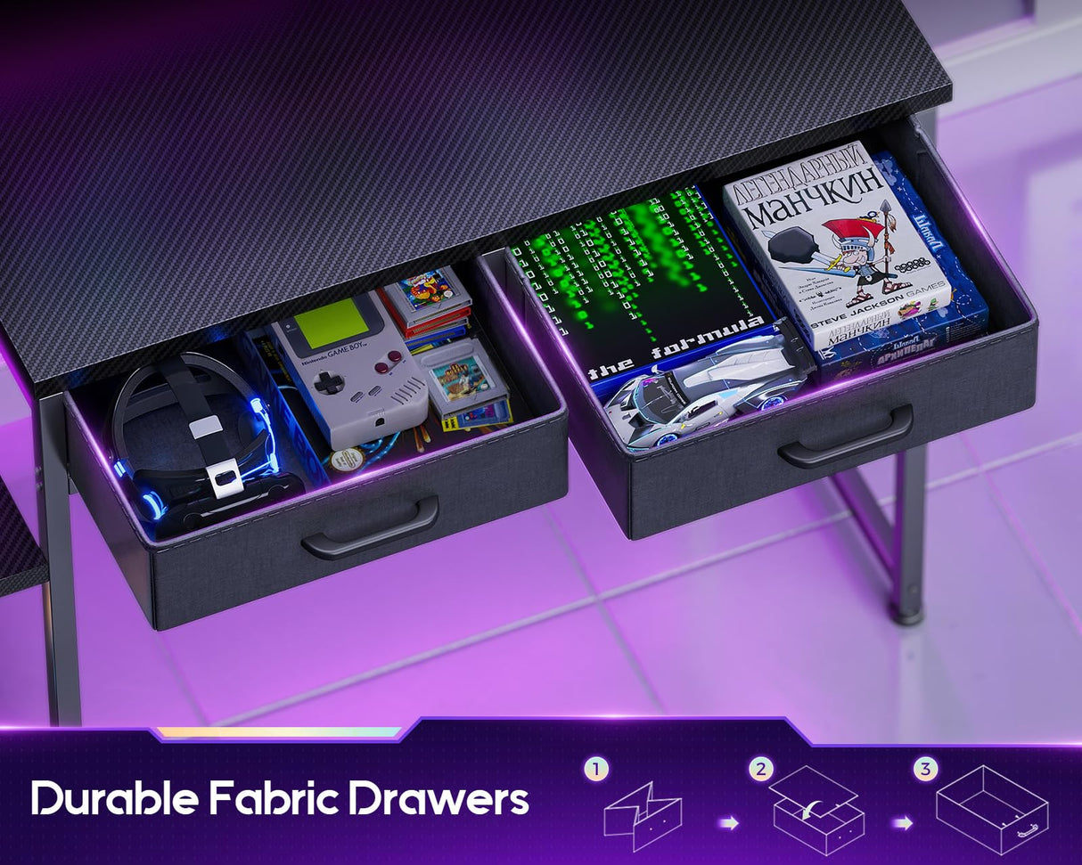 ODK Gaming Desk with Led Lights & Power Outlet, 48 Inch Computer Desk with Drawers, Office Desk with Large Display Storage Shelves, Reversible Desk with Monitor Stand for Home, Carbon Fiber Black ODK