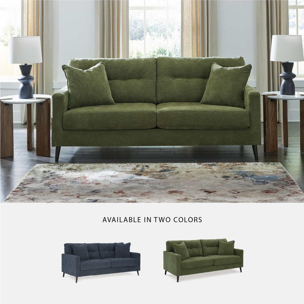 Signature Design by Ashley Bixler Mid-Century Modern Tufted Sofa with 2 Toss Pillows, Green Signature Design by Ashley