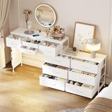 REAHOME Dresser for Bedroom with Charging Station and LED Light, 67" Rotatable Vanity Desk with LED Light and Side Pockets, Makeup Table with 10 Fabric Drawers, Modern Home Office Desks, White REAHOME