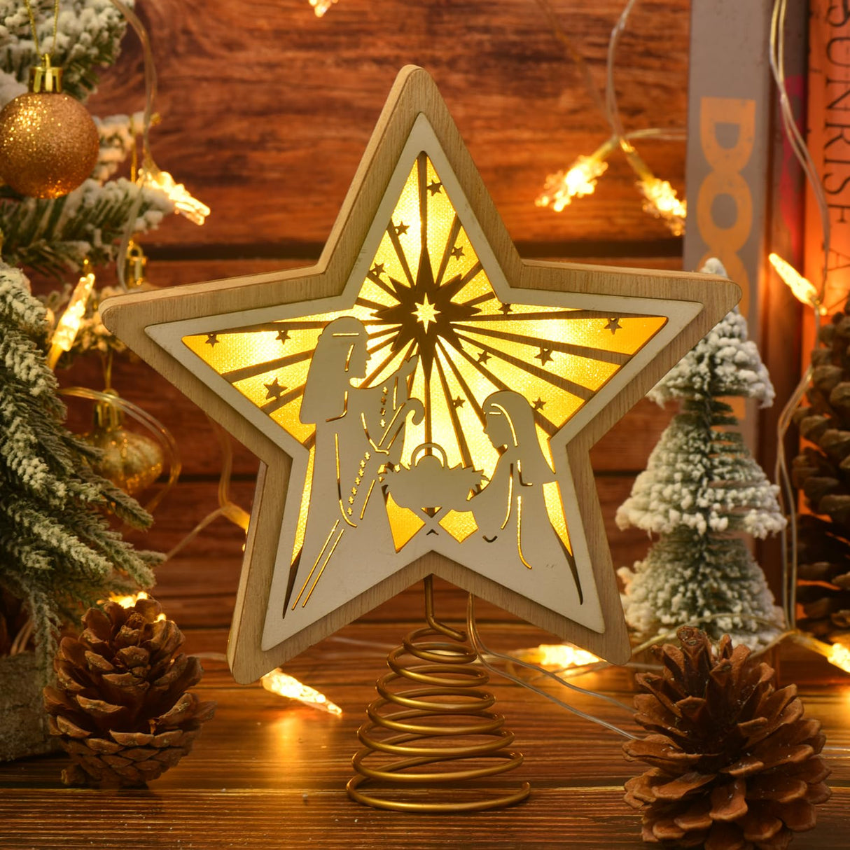 Christmas Star Tree Topper, Wooden 3D Star Glittered Hollow Plug-in Christmas Tree Topper Decoration with LED Light & 6-Hour Timer Function for Indoor Office Holiday Xmas 7.87" x 8.86" (White) Ovootok