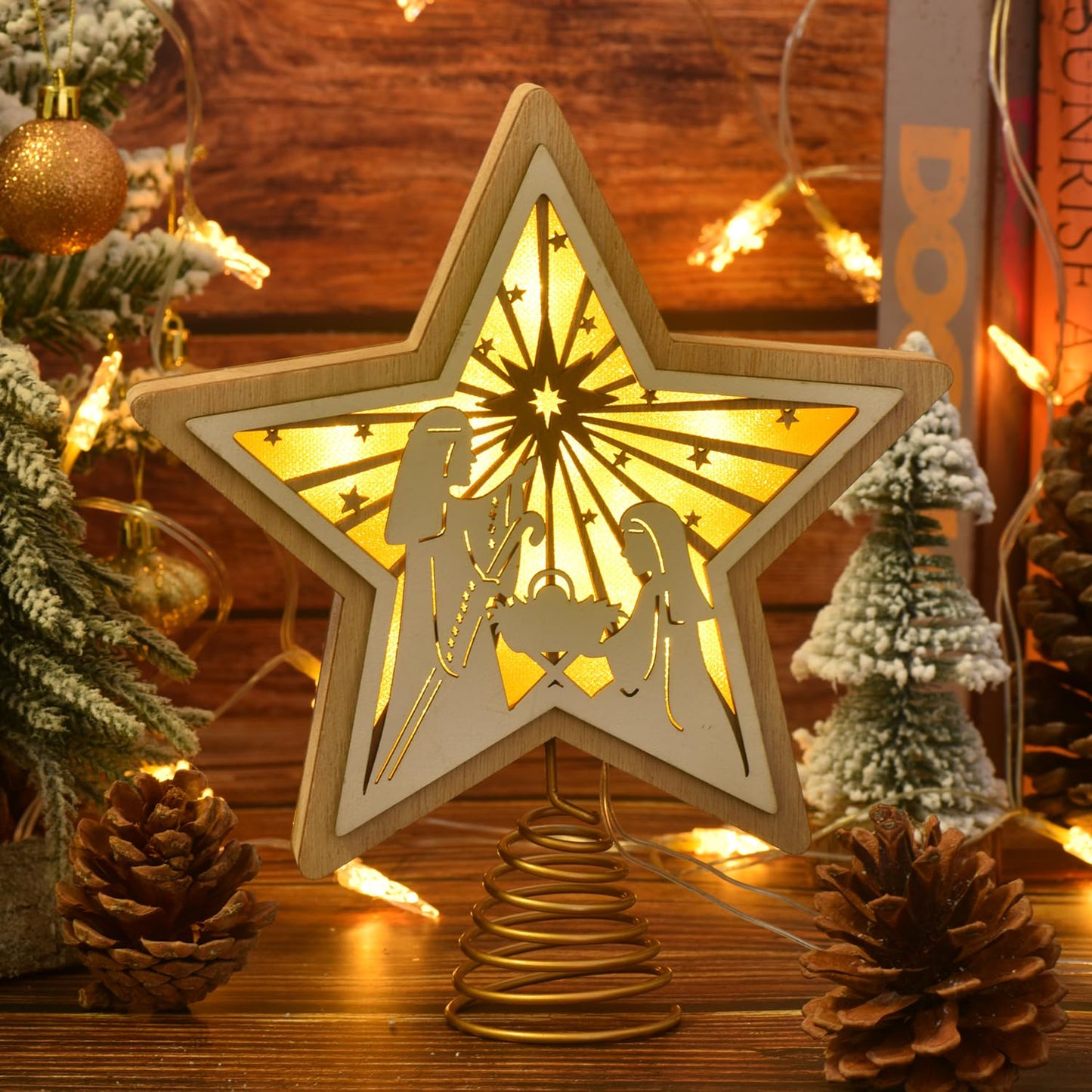 Christmas Star Tree Topper, Wooden 3D Star Glittered Hollow Plug-in Christmas Tree Topper Decoration with LED Light & 6-Hour Timer Function for Indoor Office Holiday Xmas 7.87" x 8.86" (White)