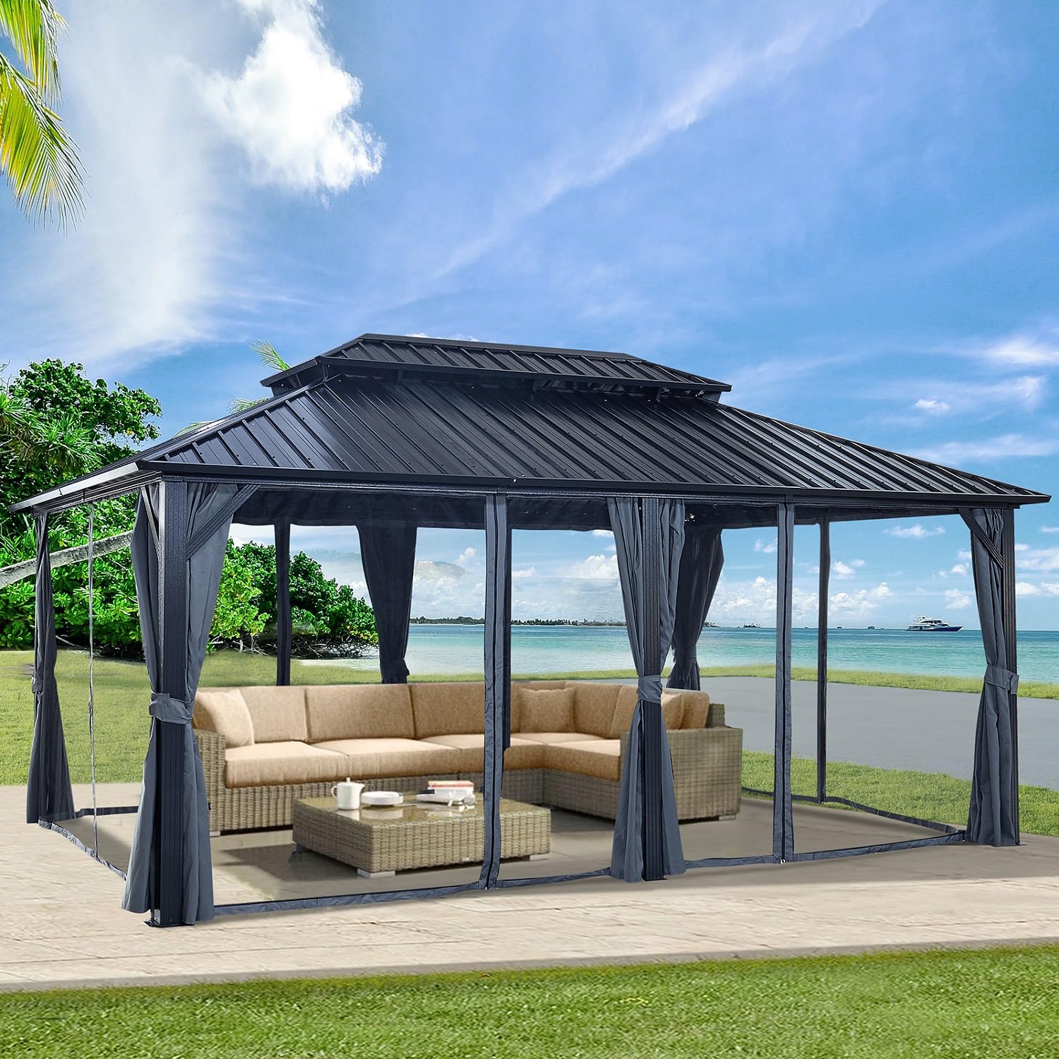 DJHK docor 12' X 18' Large Permanent Gazebo, Coated Aluminum Frame Canopy with Dual-Layer Galvanized Steel Hardtop Top, Outdoor Metal Pavilion, for Deck, Patio and Backyard,Black - WoodArtSupply