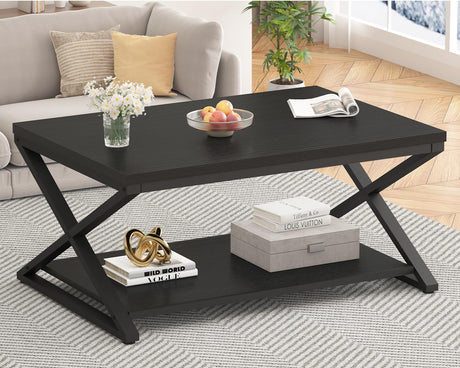 HSH Black Coffee Table with Storage Shelf, Modern Minimalist Metal Wood Living Room Table, Simple 2 Tier Rectangle Center Table, 39 Inch Home Office Bedroom Cocktail Tea Table Display Coffee Table HSH