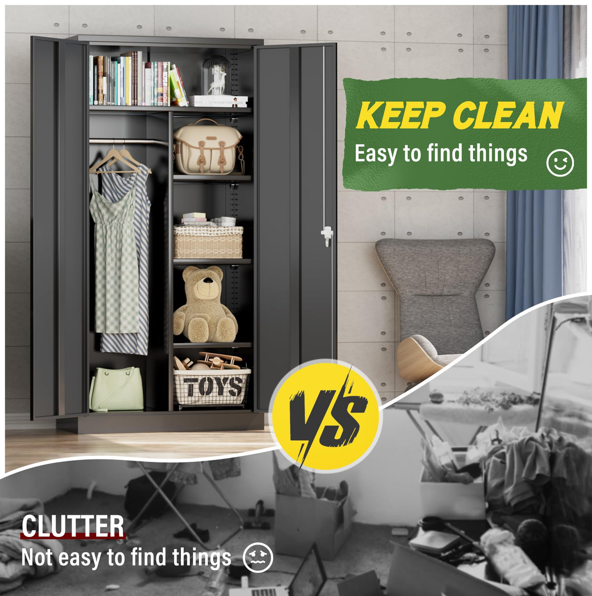 Greenvelly Metal Storage Wardrobe Cabinet with Lock, 72" Metal Wardrobe Closet for Hanging Clothes with Doors and Shelves, Tall Clothes Closet for Home, Office and Bedroom, School,Gym(Black) Greenvelly