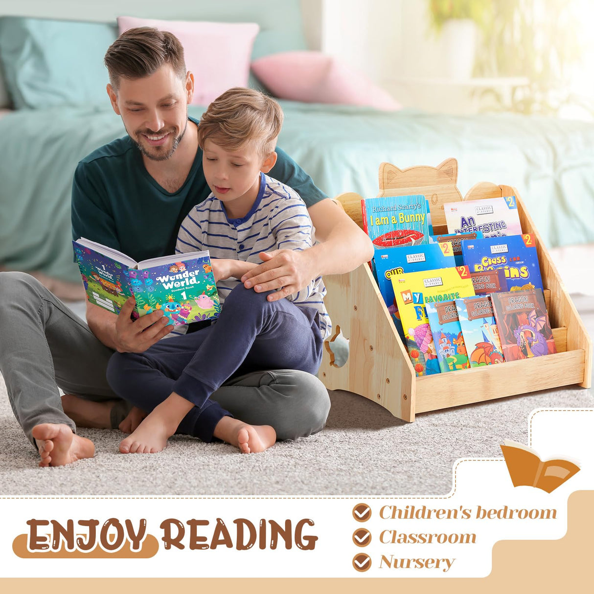 Juexica Kids Bookshelf 5 Tier Toddler Bookshelf Book Display Shelf Organizer Wood Bookcase with Chalkboard and Storage Kids Magazine Rack for Classroom Bedroom Nursery Furniture,17x17x11 Inch(Cat) Juexica