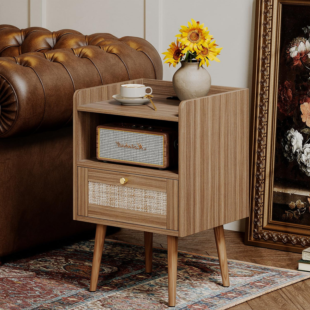 Night stand Set of 2, Bedside Tables with Charging Station, Rattan End Tables, Bed Side Tables, Wood Nightstands set of 2 for Farmhouse Kids' Room Bedroom Living Room Dorm Sofa Office Corner(Brown) MECHYIN