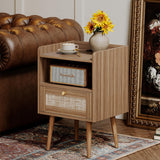 Night stand Set of 2, Bedside Tables with Charging Station, Rattan End Tables, Bed Side Tables, Wood Nightstands set of 2 for Farmhouse Kids' Room Bedroom Living Room Dorm Sofa Office Corner(Brown) MECHYIN