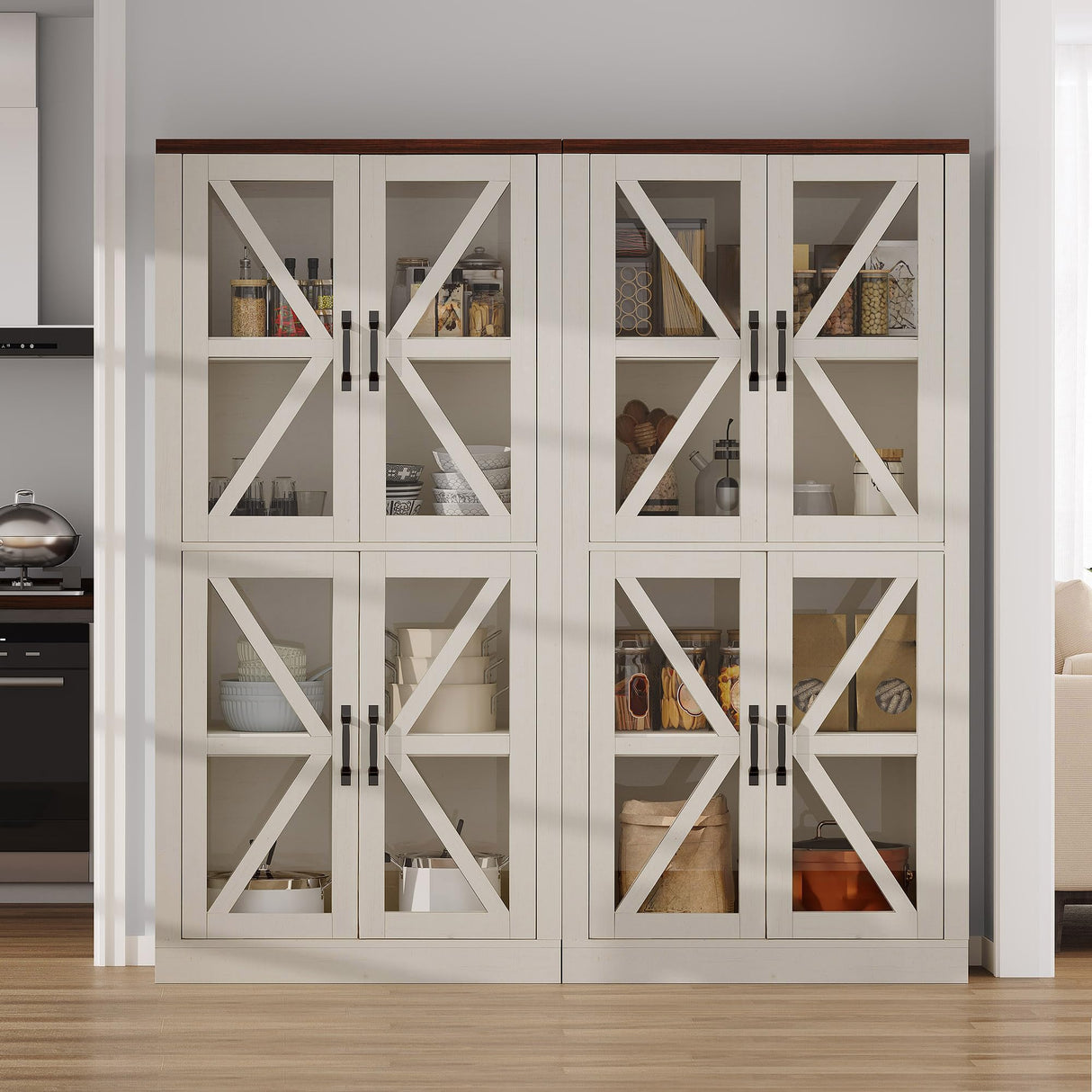 DWVO 66" Storage Cabinet, Tall Bookshelf Display Cabinet, 4 Shelves Curio Cabinet with Tempered Glass Doors, Trophy Display Case for Living Room and Dinning Room, White DWVO