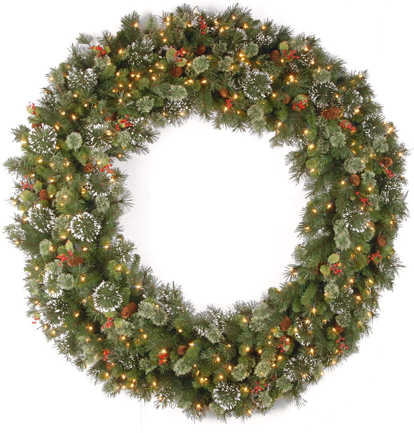 National Tree Company Pre-Lit Artificial Christmas Wreath, Green, Wintry Pine, White Lights, Decorated with Pine Cones, Berry Clusters, Frosted Branches, Christmas Collection, 60 Inches