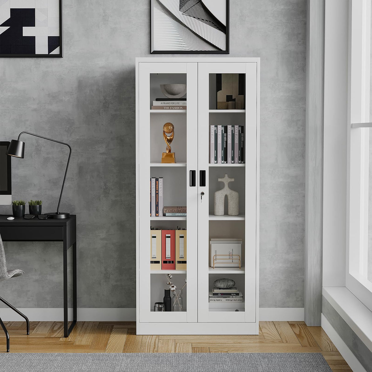 Anxxsu Display Cabinet with Glass Doors, Display Case Cabinet for Collectibles, Curio Display Cabinet with 4 Adjustable Shelves, 71" Glass Display Cabinet for Home Living Room (White) Anxxsu