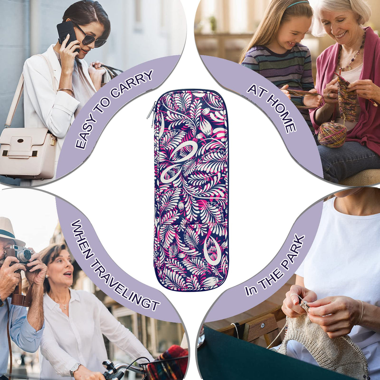 Coopay Knitting Needles Case Travel Knitting Needle Organizer Storage for Straight Knitting Needles (Up to 14''), Tunisian Crochet Hooks, DPNs, Crochet Accessories and Supplies, Pink-Purple Coopay