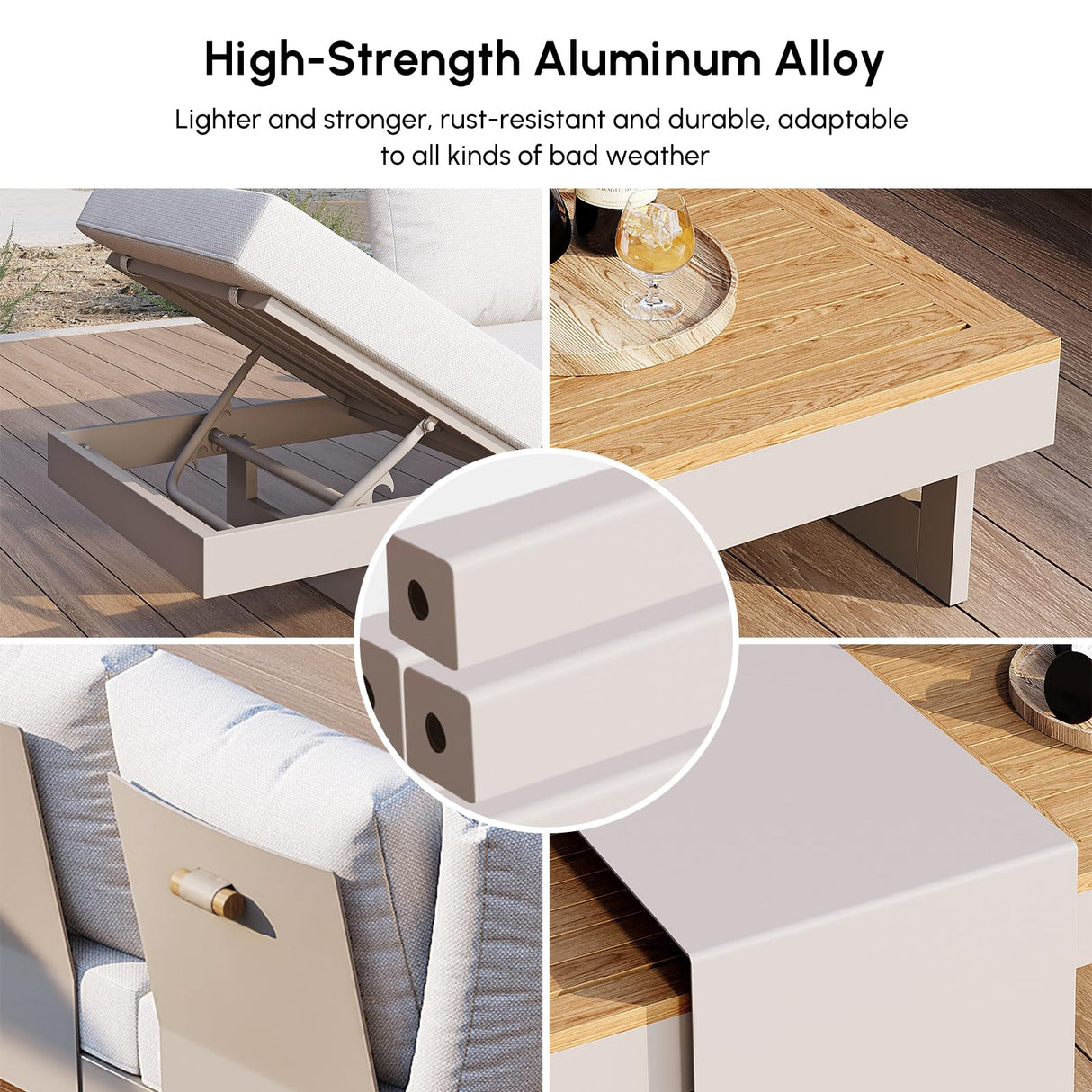 homary 6 Piece Aluminum & Teak Outdoor Sofa Set, Patio Conversation Sets Modular Outdoor Sofa with Fire Pit, Glass Wind Guard Ideal for Patios & Balconies, Light Gray homary