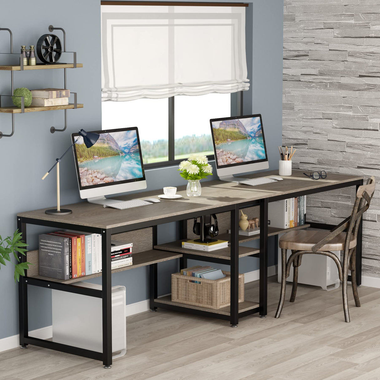 Tribesigns Two Person Desk with Bookshelf, 78.7 Computer Office Double Desk for Two Person, Rustic Writing Desk Workstation with Shelf for Home Office (Grey) Tribesigns