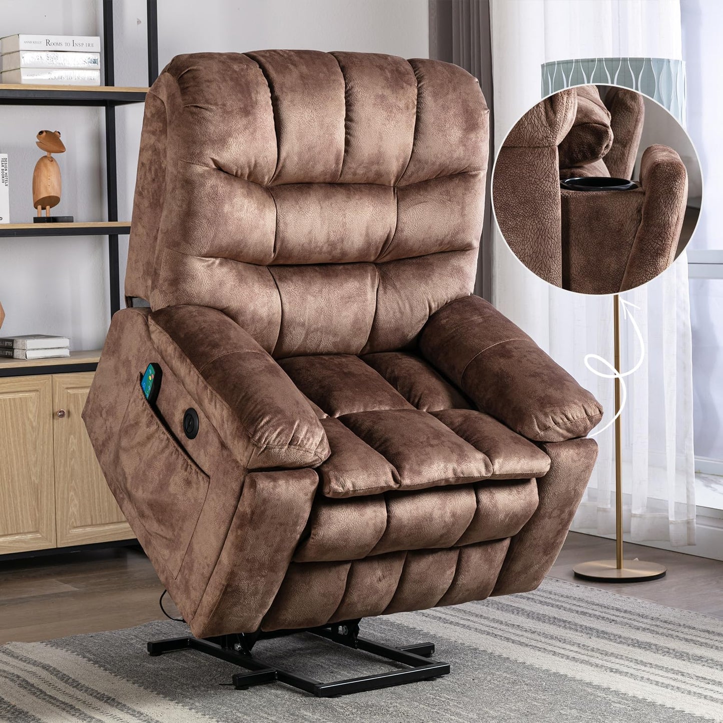 Phoenix Home Large Power Lift Recliner with Massage and Heat for Elderly, Heavy Duty & Safety Motion Reclining Mechanism, Electric Wider Chair with USB Port, 2 Hidden Cup Holders, Caramel Brown