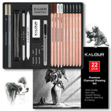KALOUR PDAS 22pcs Charcoal Drawing Set, Professional Art Supplies, Black & White Charcoal Pencils for Drawing, Sketching, Shading, Blending, Artist Pencils for Beginners & Pro Artists KALOUR PDAS