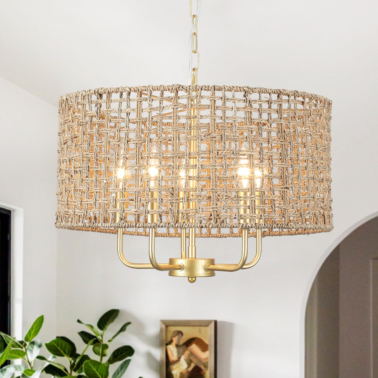 Rattan Woven Boho Chandelier Light Fixture for Dining Room 5 Light, 18.8'' Gold Hand Woven Drum Wicker Light Fixture Ceiling Hanging, Coastal Rattan Pendant Light for Living Room Entryway Bedroom Xurihuihuang