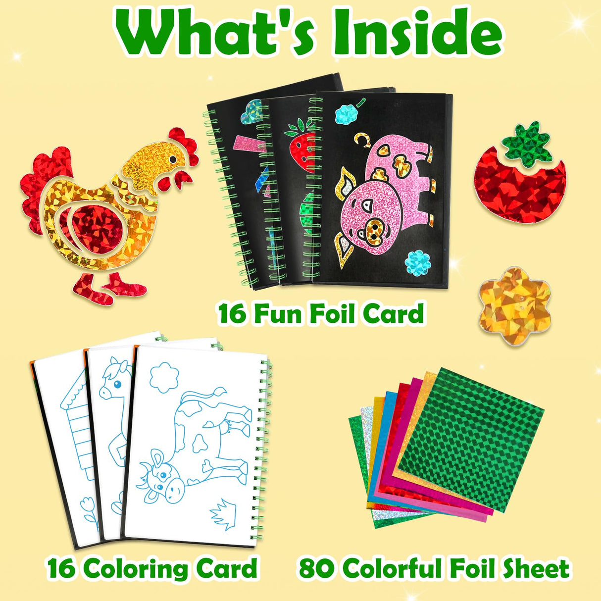 pigipigi Art Craft Activity for Kids: Foil Art Farm DIY Toy Kit, No Mess Creative Travel Supply Set, Idea Birthday Christmas Valentine Gift for Girl Boy Children 3 4 5 6 7 8 9 Year Old pigipigi