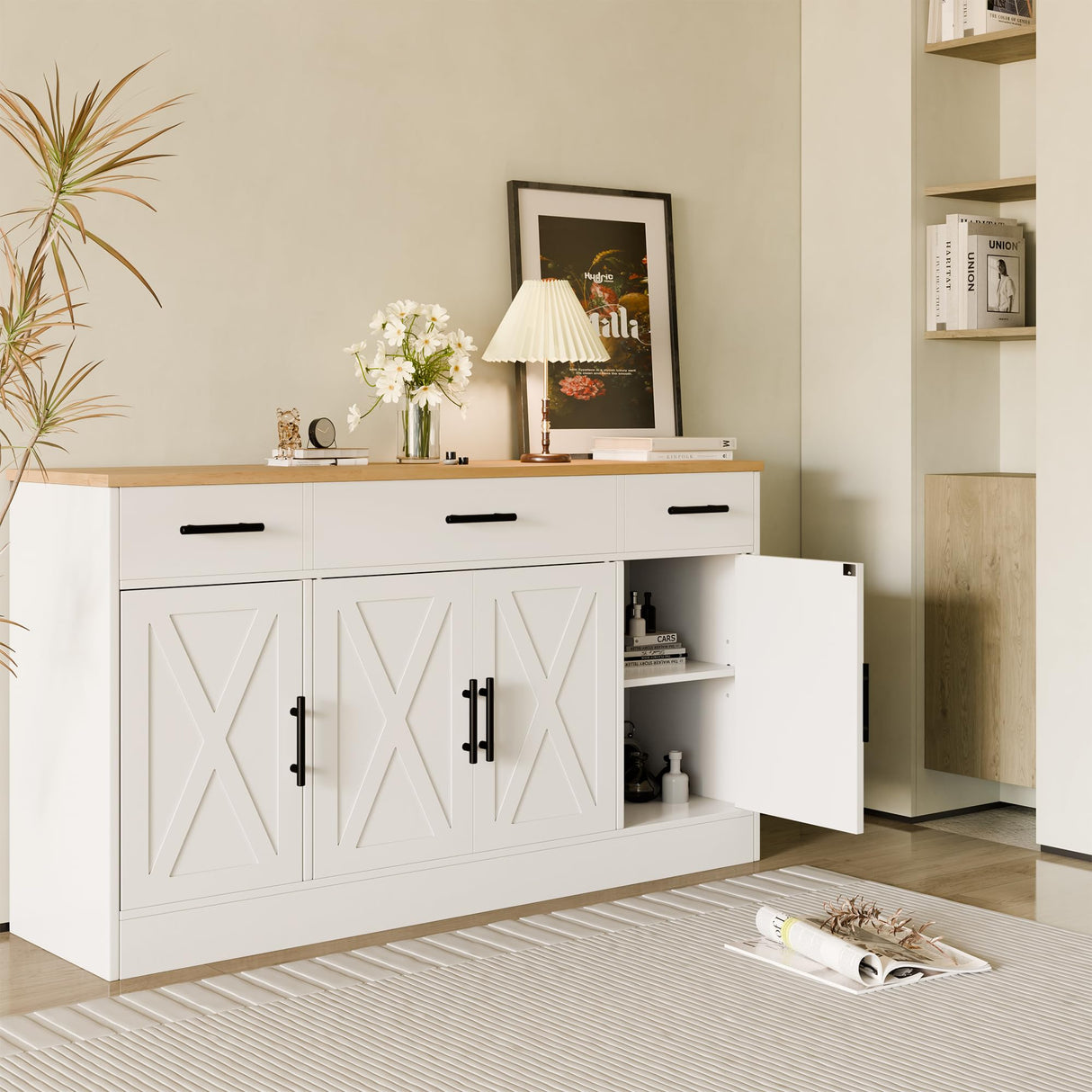 SUNLEI Buffet Cabinet with Storage, Farmhouse Storage Cabinet with 4 Doors and 3 Drawers, Coffee Bar Station Wood Buffet Table with Adjustable Shelf for Living Room, White SUNLEI