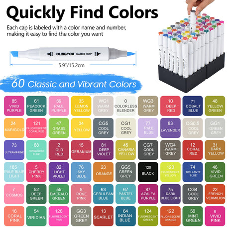 OLINGYOU alcohol markers brush tip, 60 Colors Brush & Chisel Permanent Alcohol Markers Set, Dual Tip Art Markers Set for Kids Adult Coloring OLINGYOU