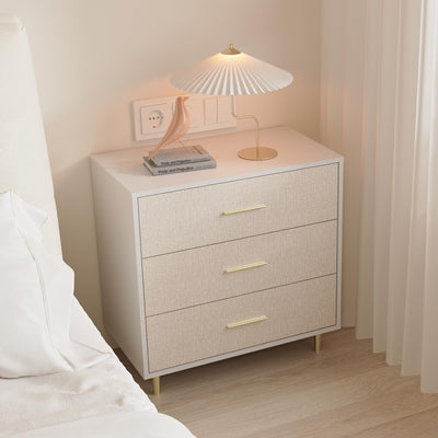 Elegant 3-Drawer White Dresser with Gold Handles and Legs, Wooden Nightstand with Linen-Textured Surface, Modern White Chest of Drawers, Narrow Accent Cabinet End Table for Living Room, Bedroom