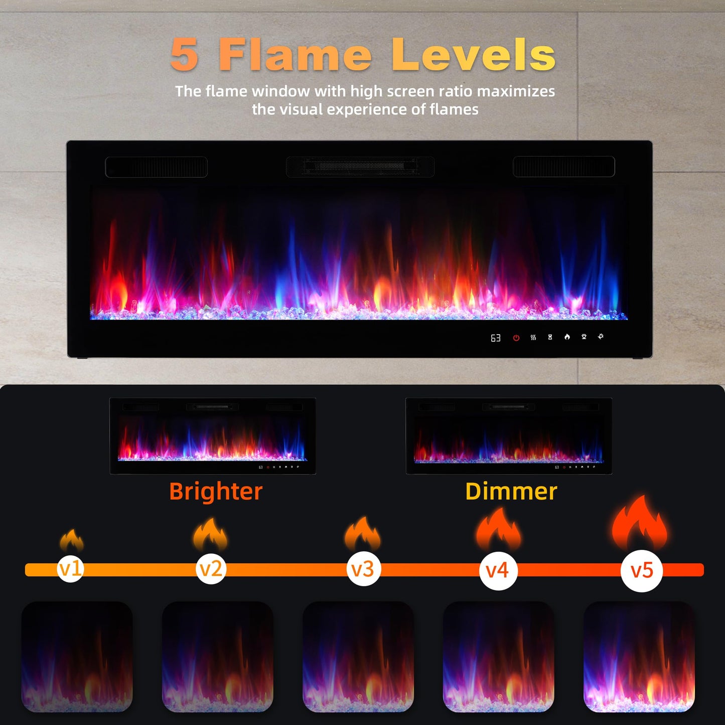 Electric Fireplace 50 Inch 1500W Insert Heater Wall Mounted Realsmart Indoor Infrared Heater with Remote Control Slim Black Fireplace Screen Timer 12 Flame Colors Low Noise Overheat Protection