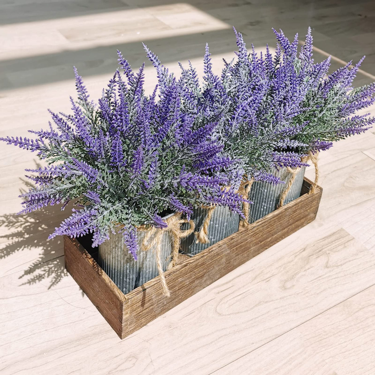 Set of 3 Small Potted Plants Arrangement Artificial Lavender Flower Plants in Rustic Galvanized Metal Pots with Decorative Wood Tray for Farmhouse Table Centerpiece Windowsill Country Indoor Decor Winlyn