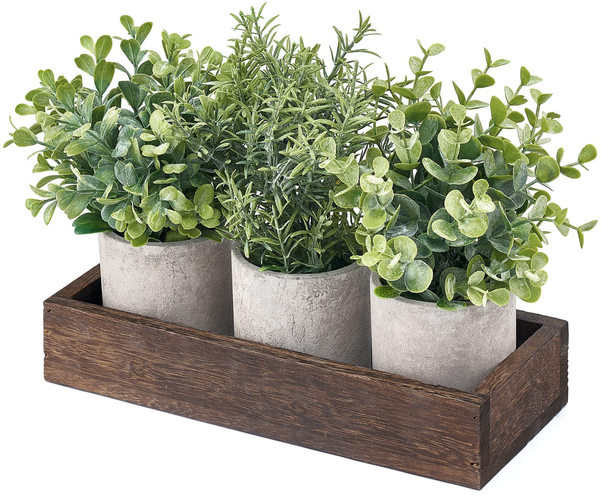 Dahey 3 Pack Mini Potted Artificial Eucalyptus Fake Plants with Wood Tray Centerpiece Table Decorations, Farmhouse Pulp Flower Pots Greenery Home Decor for Coffee Table Dining Room Office Kitchen Dahey