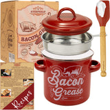 Ayerphalo Bacon Grease Container with Strainer - 46OZ Large Capacity, With Silicone Wooden Spatula, Enamel Bacon Grease Keeper for Bacon Drippings, Farmhouse Red Kitchen Decor, Dishwasher Safe Ayerphalo