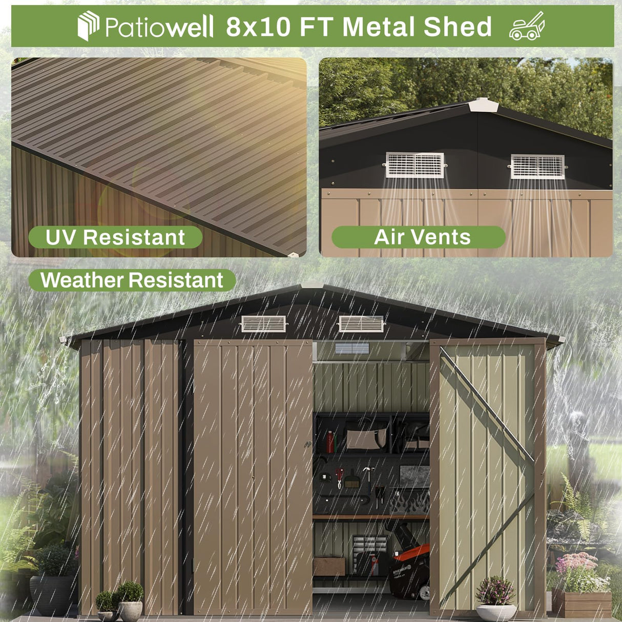 Patiowell 8x10 FT Outdoor Storage Shed, Large Garden Tool Metal Shed with Sloping Roof and Double Lockable Door, Outdoor Shed for Backyard Garden Patio Lawn, Brown Patiowell