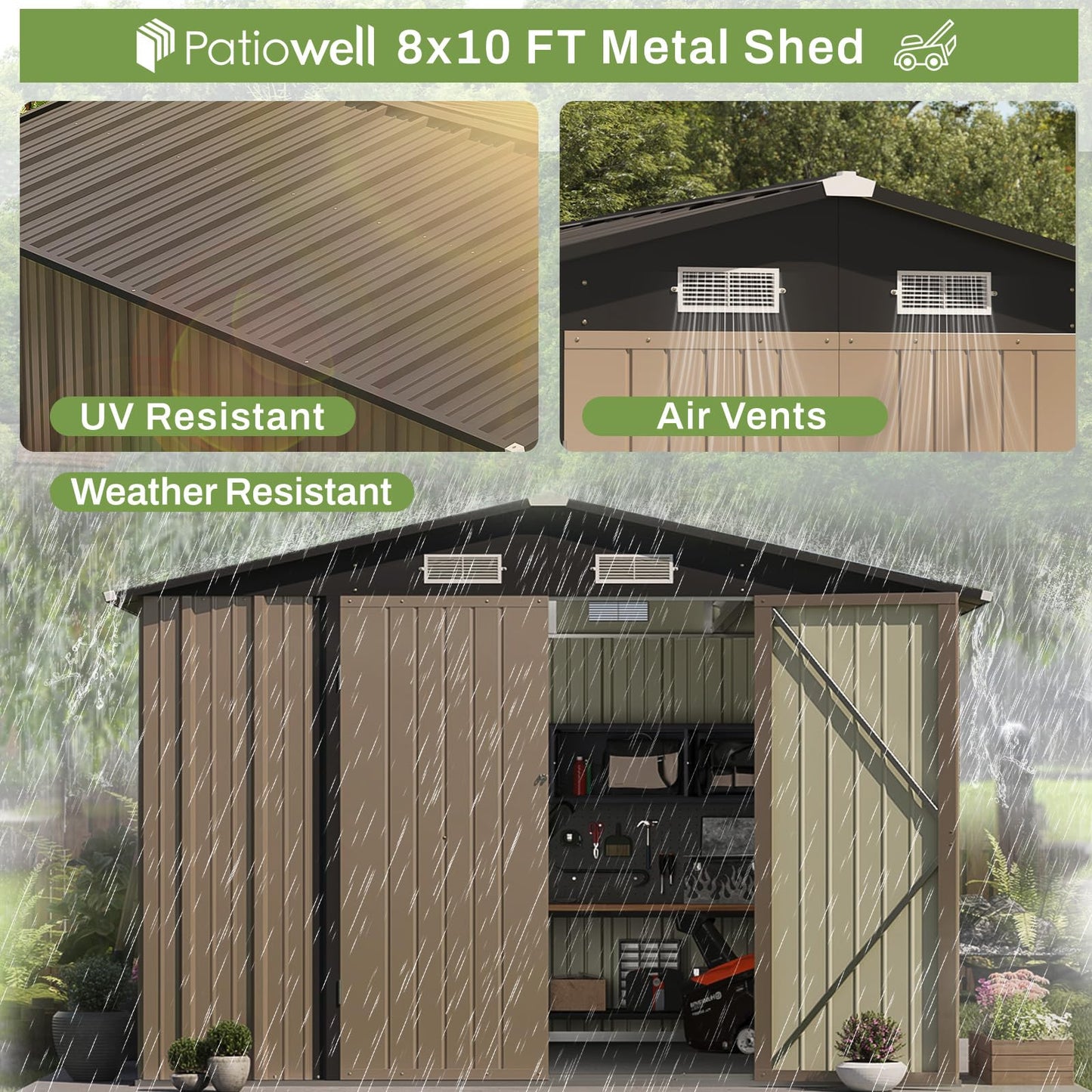 Patiowell 8x10 FT Outdoor Storage Shed, Large Garden Tool Metal Shed with Sloping Roof and Double Lockable Door, Outdoor Shed for Backyard Garden Patio Lawn, Brown - WoodArtSupply