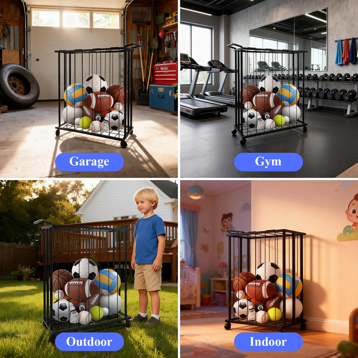 URMMIY Large Garage Ball Storage Rack with Wheels–Rolling Sports Equipment Organizer Freestanding Ball Holder for Basketball Soccer Volleyball Football–Sports Ball Storage for Garage Gym School Home URMMIY