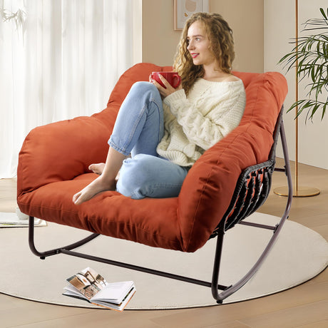 TXGDPIONEER Outdoor Papasan Rocking Chair, Oversized Patio Rocking Chairs with Padded Cushion& Pillow-Comfortable Rocker Egg Chair for Front Porch, Garden, Patio, Backyard,1PC,Red TXGDPIONEER