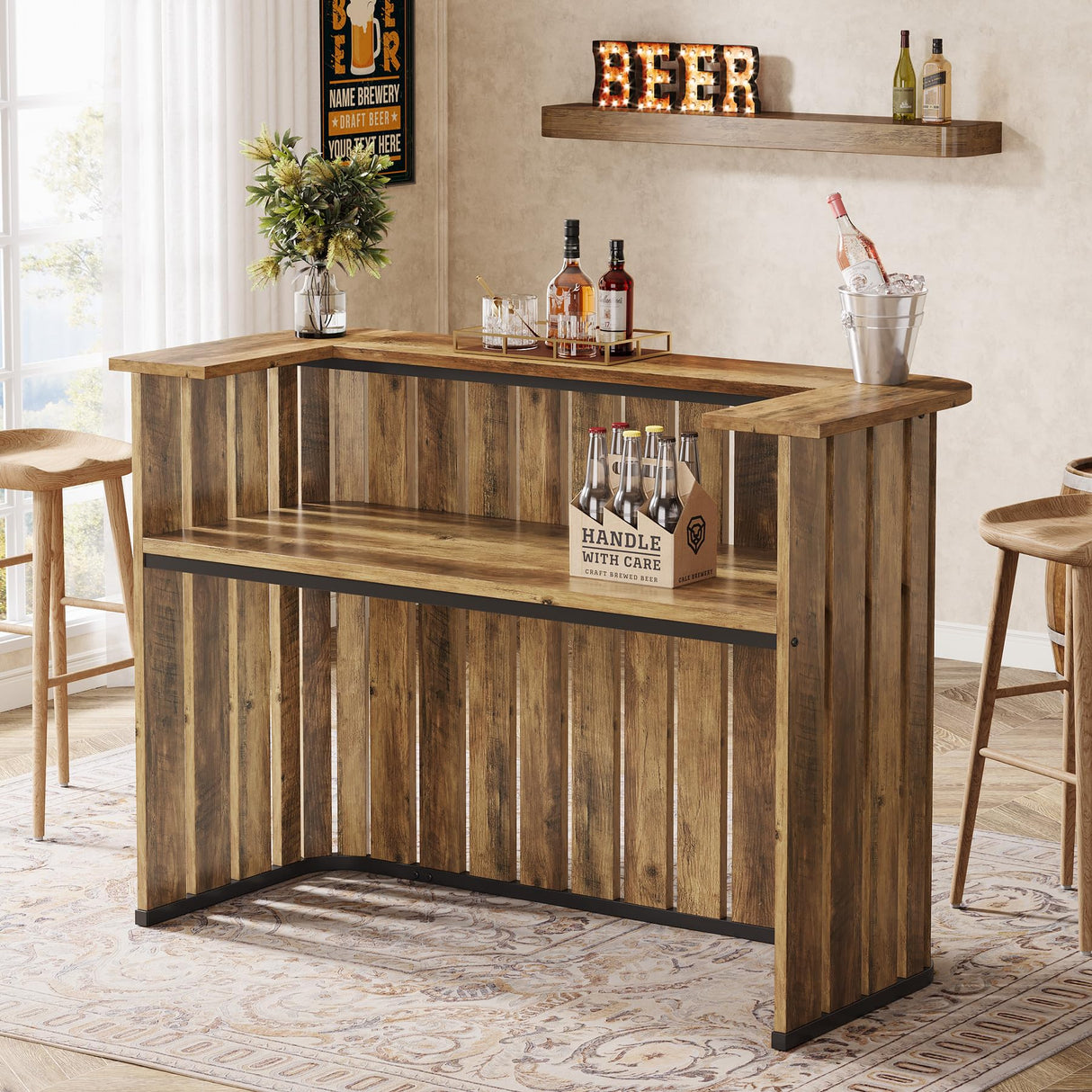 Tribesigns 63-Inch Home Bar Unit, Farmhouse Liquor Bar Table with Storage Shelves, 2-Tier Wine Bar Cabinet Mini Bar Table for Home Pub, Bistro, Rustic Brown Tribesigns