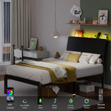 Feonase Twin Bed Frame with Ergonomic Storage Headboard & Charging Station, LED Platform Bed Frame, Heavy Duty Metal Slats, No Box Spring Needed, Easy Assembly, Black Feonase